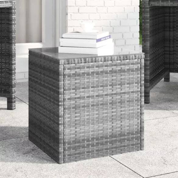 szürke polyrattan és edzett üveg kisasztal 40 x 37 x 40,5 cm