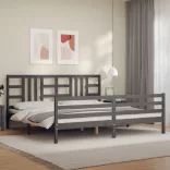 szürke tömör fa ágykeret fejtámlával 200 x 200 cm
