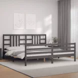szürke tömör fa ágykeret fejtámlával 200 x 200 cm
