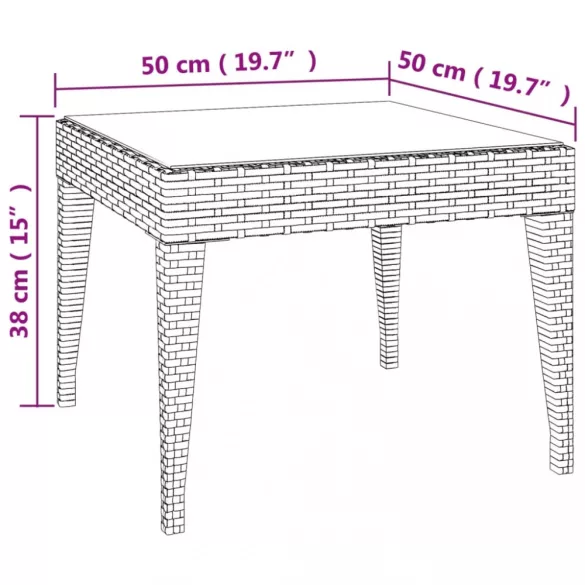 barna polyrattan és edzett üveg kisasztal 50 x 50 x 38 cm