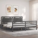 szürke tömör fa ágykeret fejtámlával 200 x 200 cm