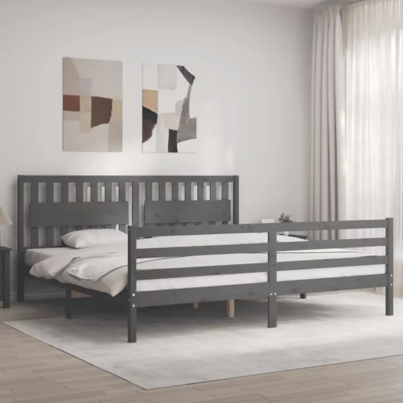 szürke tömör fa ágykeret fejtámlával 200 x 200 cm