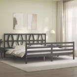 szürke tömör fa ágykeret fejtámlával 200 x 200 cm