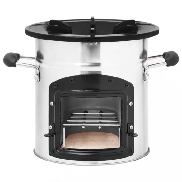 ezüstszínű acél fatüzelésű kempingtűzhely 45,5 x 33 x 25,5 cm