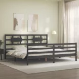 szürke tömör fa ágykeret fejtámlával 200 x 200 cm