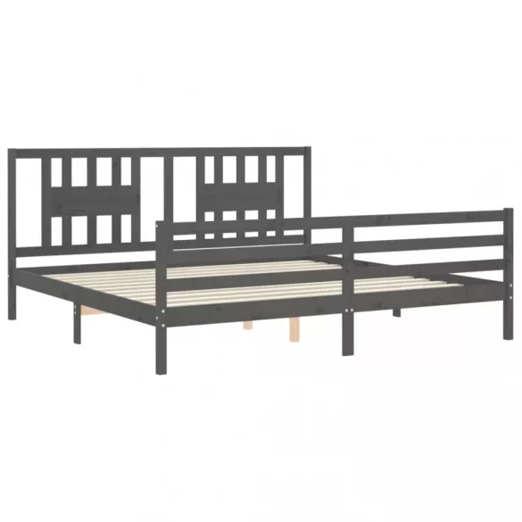 szürke tömör fa ágykeret fejtámlával 200 x 200 cm