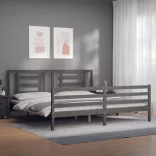 szürke tömör fa ágykeret fejtámlával 200 x 200 cm