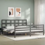 szürke tömör fa ágykeret fejtámlával 200 x 200 cm