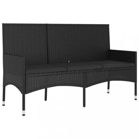 fekete 3 személyes polyrattan kerti pad párnával