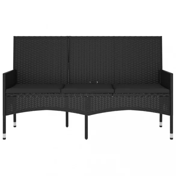 fekete 3 személyes polyrattan kerti pad párnával
