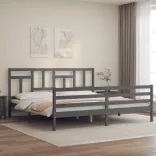 szürke tömör fa ágykeret fejtámlával 200 x 200 cm