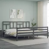 szürke tömör fa ágykeret fejtámlával 200 x 200 cm