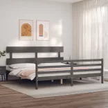 szürke tömör fa ágykeret fejtámlával 200 x 200 cm