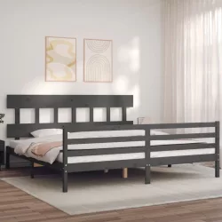 szürke tömör fa ágykeret fejtámlával 200 x 200 cm