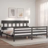 szürke tömör fa ágykeret fejtámlával 200 x 200 cm