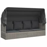 szürke polyrattan kültéri társalgókanapé tetővel és párnákkal