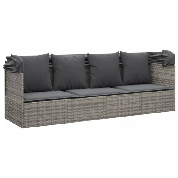 szürke polyrattan kültéri társalgókanapé tetővel és párnákkal