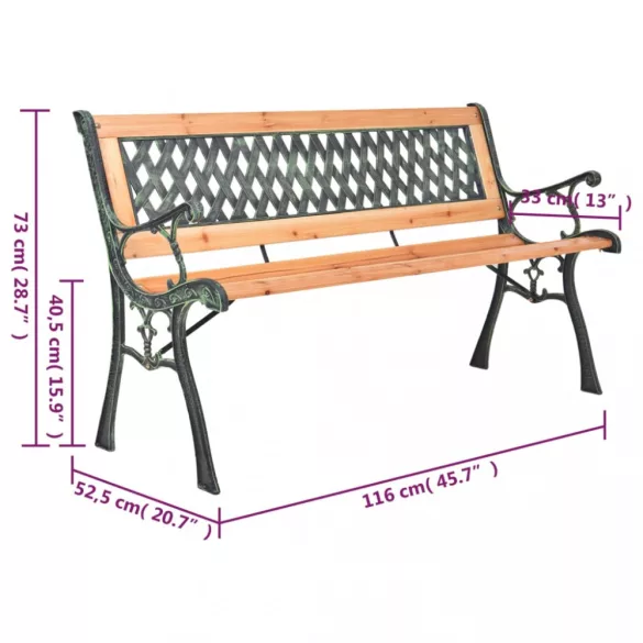 öntöttvas és tömör fenyőfa kerti pad 116 cm