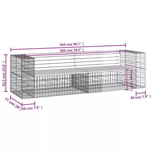 tömör impregnált fenyőfa gabion kerti pad 244x71x65,5 cm