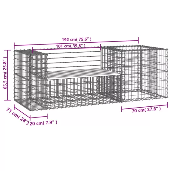tömör fenyőfa kerti pad gabion kosárral