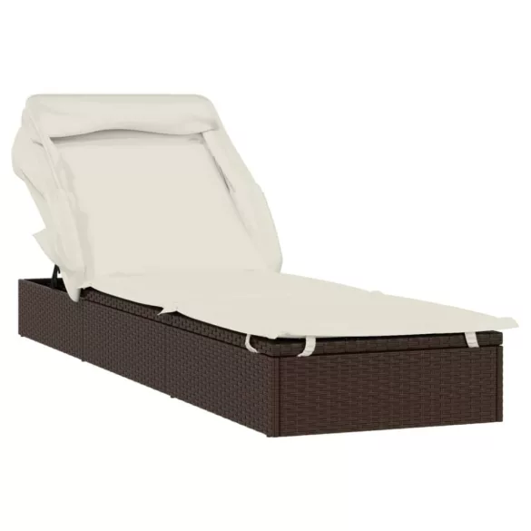 barna polyrattan napozóágy összecsukható tetővel 213x63x97 cm