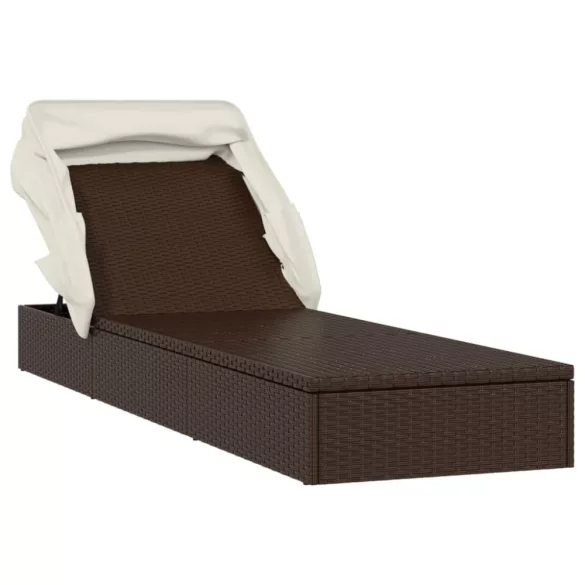 barna polyrattan napozóágy összecsukható tetővel 213x63x97 cm