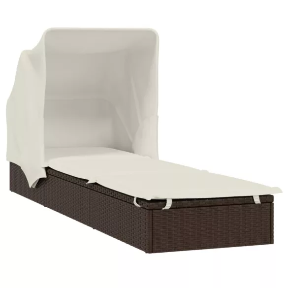 barna polyrattan napozóágy összecsukható tetővel 213x63x97 cm