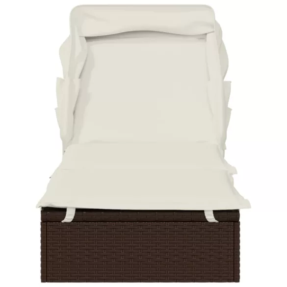 barna polyrattan napozóágy összecsukható tetővel 213x63x97 cm