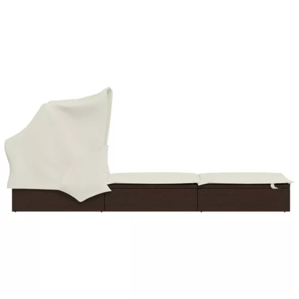 barna polyrattan napozóágy összecsukható tetővel 213x63x97 cm