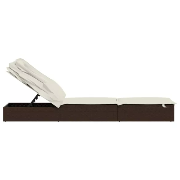 barna polyrattan napozóágy összecsukható tetővel 213x63x97 cm