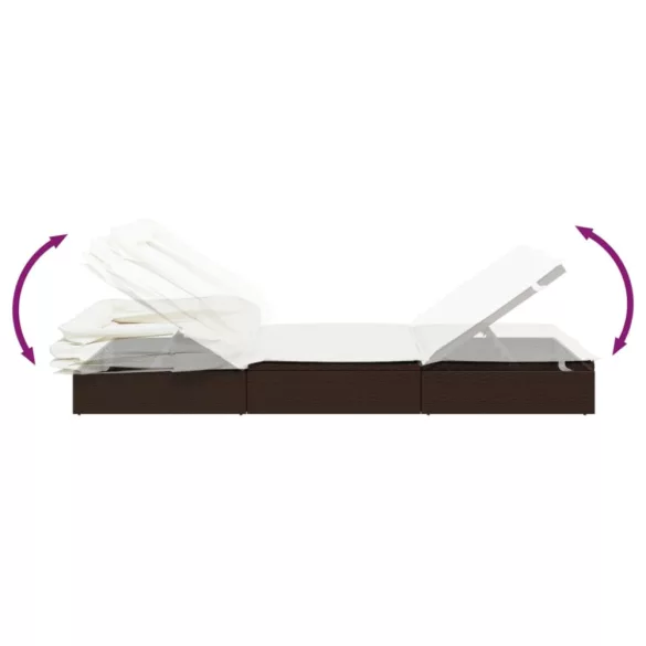 barna polyrattan napozóágy összecsukható tetővel 213x63x97 cm
