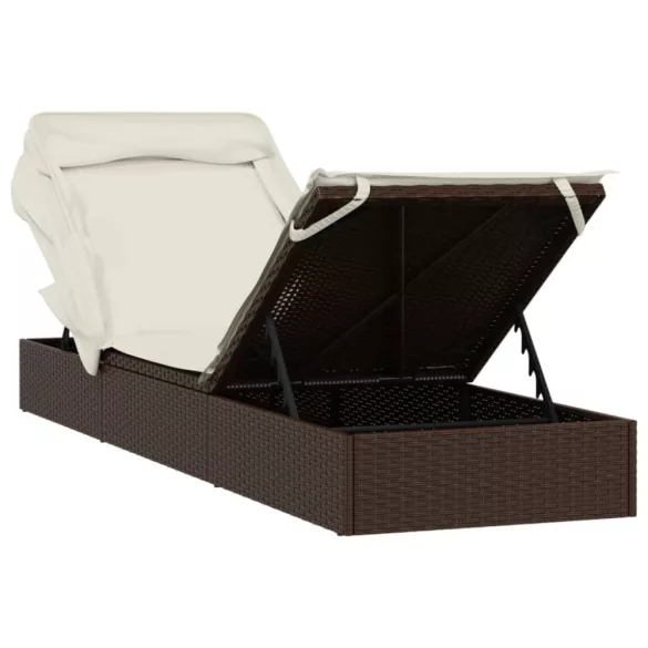 barna polyrattan napozóágy összecsukható tetővel 213x63x97 cm