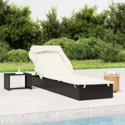  fekete polyrattan napozóágy összecsukható tetővel 213x63x97 cm