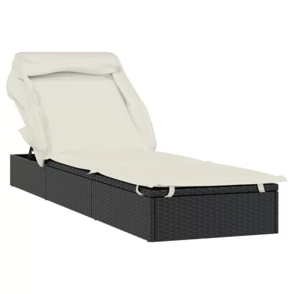 fekete polyrattan napozóágy összecsukható tetővel 213x63x97 cm