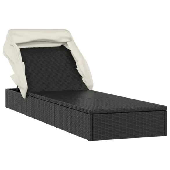 fekete polyrattan napozóágy összecsukható tetővel 213x63x97 cm