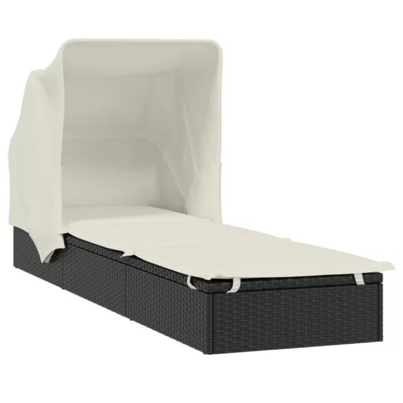 fekete polyrattan napozóágy összecsukható tetővel 213x63x97 cm