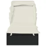 fekete polyrattan napozóágy összecsukható tetővel 213x63x97 cm
