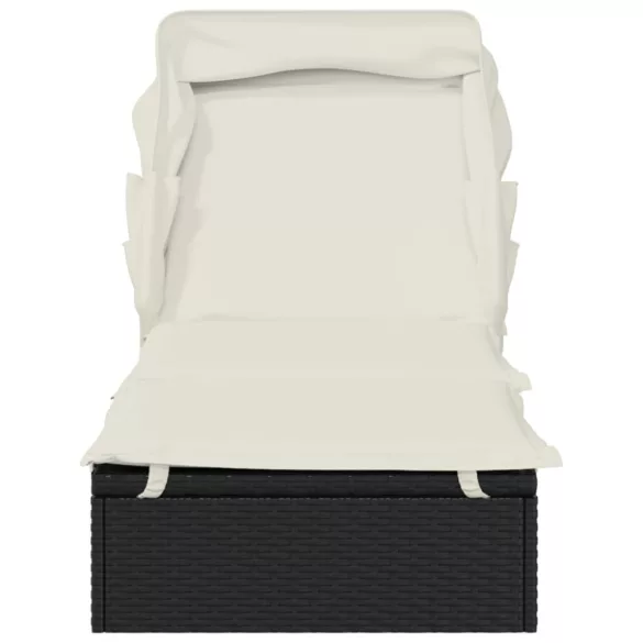 fekete polyrattan napozóágy összecsukható tetővel 213x63x97 cm