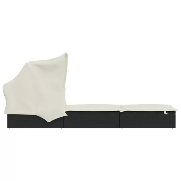 fekete polyrattan napozóágy összecsukható tetővel 213x63x97 cm