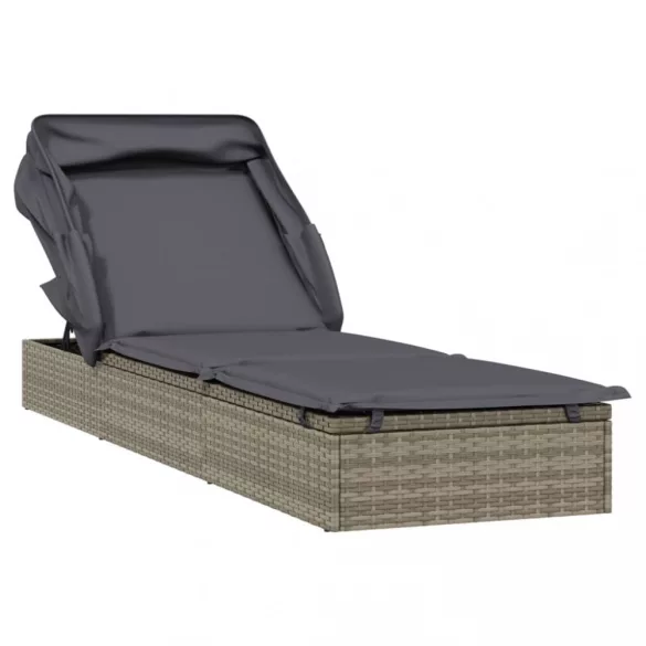 szürke polyrattan napozóágy összecsukható tetővel 213x63x97 cm