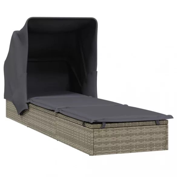 szürke polyrattan napozóágy összecsukható tetővel 213x63x97 cm