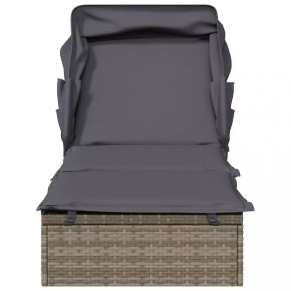szürke polyrattan napozóágy összecsukható tetővel 213x63x97 cm