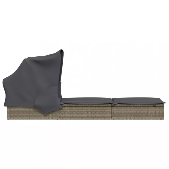szürke polyrattan napozóágy összecsukható tetővel 213x63x97 cm