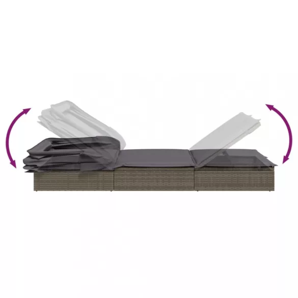 szürke polyrattan napozóágy összecsukható tetővel 213x63x97 cm