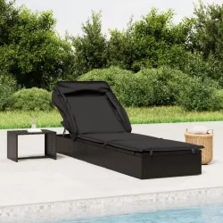   fekete polyrattan napozóágy összecsukható tetővel 213x63x97 cm