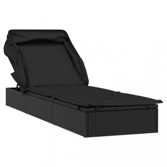 fekete polyrattan napozóágy összecsukható tetővel 213x63x97 cm