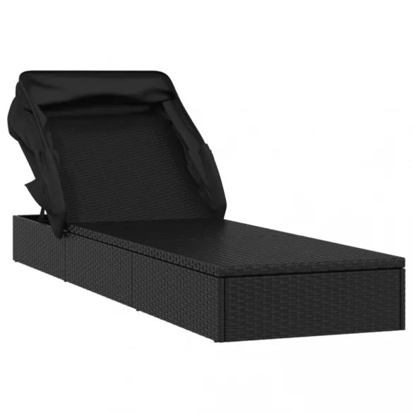 fekete polyrattan napozóágy összecsukható tetővel 213x63x97 cm