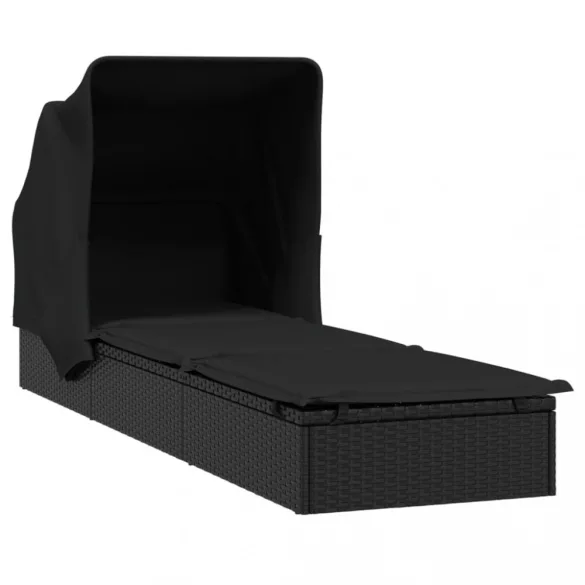 fekete polyrattan napozóágy összecsukható tetővel 213x63x97 cm