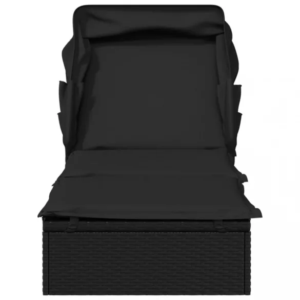 fekete polyrattan napozóágy összecsukható tetővel 213x63x97 cm