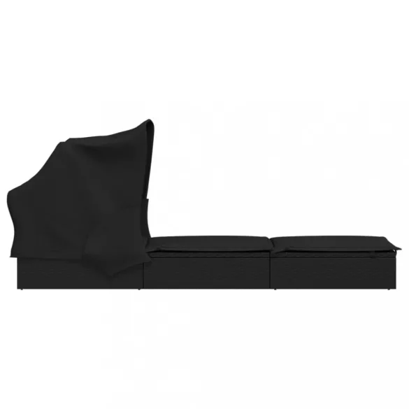 fekete polyrattan napozóágy összecsukható tetővel 213x63x97 cm